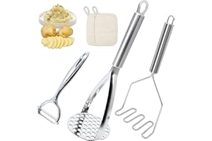 AQUARBOR 2 prensadores de patatas de acero inoxidable de 27 cm, para trituradora de patatas, apto para lavavajillas, con esponja de lufa y pelador