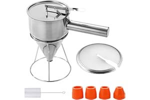 HAOYULUO Dozownik ciasta Porcjownik ciasta, Dozownik ciasta naleśnikowego 1200ml, Dozownik ciasta ze stali nierdzewnej ze stojakiem, w zestawie z pokrywką, szczoteczką do czyszczenia i 4 wymiennymi końcówkami