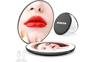 ‎WOBSION wobsion LED Wiederaufladbarer Kompaktspiegel,26 LEDs,Heller Faltbarer Taschenspiegel,Handspiegel mit 1X / 10X Vergrößerung, Kosmetikspiegel mit Dimmbar,Reisespiegel,Geschenke für Mädchen Black