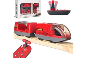 BEGINREALLY Juguete eléctrico para rieles de Madera, Mando a Distancia con 4 Efectos de Sonido y luz para niños de 3, 4, 5, 6 años, Compatible con Thomas, Brio, Rojo Chuggington