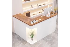 JIAOCKJIAO Receptionsdisk, Frontdisk med Låsbar Låda, L-formad Kassörska, Kassadisk I Trä Mottagningsbord, för Klädaffär, Skönhetssalong, Lobby(Right brown,47.2in/120cm)