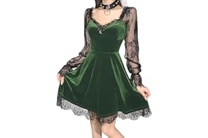 DINGJIUYAN Gothic Lace Velvet Short Dress V Neck Half Moon Sexy Halloween Party Dress Cocktail Casual Mini Dress