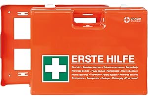 ACTIOMEDIC I Trousse de secours MULTI avec support mural, Usage mobile et stationnaire, DIN 13 169, pansements hypoallergéniques, Étiquetage multilingue, Orange, 42 x 33 x 15 cm, First aid kit