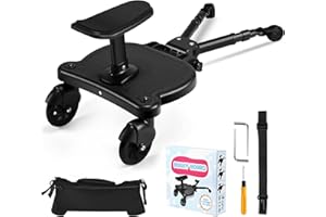 JoyCushy Buggy Board with Seat and Pram Organiser Bag, Universal Buggy Board Fits 99% of Strollers, Kiddy Board Ideas for Kids 2-6 Years (25KG) Black, with Hanging Strap, Easy to Install