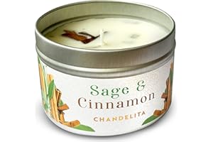 Chandelita Vela Aromática Salvia y Canela Ceylan Con Cera De Soja y Aceites Esenciales Con Hojas de Salvia y Trozos de Canela - Velas Aromáticas - Velas Decorativas - Para Relajación y Meditación