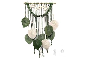CHEVVY Macramé Colgante de Pared Hojas 40CM Borla Hoja Tapiz Colgante de Pared Decoración de Pared de Plumas Verde-Blanco para Sala de Estar Dormitorio Boda Decoración-con Gancho