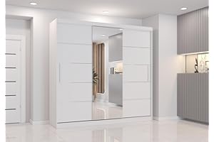 Fabryka Mebli Idźczak Schiebetürenschrank, eleganter Kleiderschrank Schrank Garderobe Astra mit Spiegel, Schlafzimmer- Wohnzimmerschrank Schiebetüren Modern Design (Weiß/Weiß)