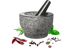 GARUET Heavy Duty 3.5kg Natural Unpolished Granite Mortar and Pestle Set - 15 cm, Large Bowl with Stone Grinder - Spice, Herb and Avocado Masher for Guacamole, Salsa and Pesto - Holds 2 Cups