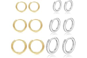 MOROTOLE 6 pares de pendientes de aro chapados en oro de 14 quilates pendientes de aro pequeños de plata de ley pendientes de cartílago de circonita cúbica diminuta para mujeres y hombres