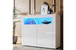 SONNI Aparador Comedor de Salón Estilo Minimalista con Luz LED, Buffet Moderno, Armario Auxiliar de Almacenamiento, Mueble de Cocina Organizador, Color Blanco Brillo, 108x40x92cm