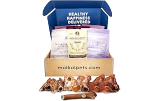 MAIKAI® Hunde Geschenk - 5 Hundesnacks getreidefrei + Hirschgeweih - Schweineohren - Rinderkopfhaut – Rinderstrossen - Hund Weihnachten