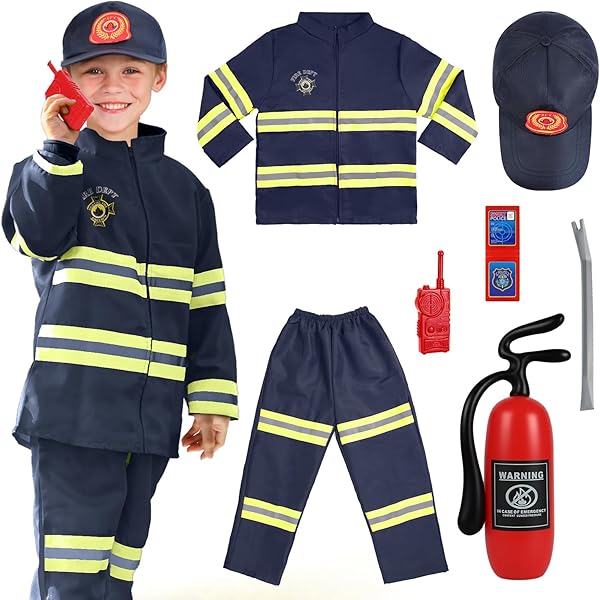 Alaoo Brandweermankostuum voor kinderen, 11 stuks, brandweerman voor kinderen, met politieaccessoires, politie-kostuum, rollenspellen voor kinderen, Halloween-kostuums