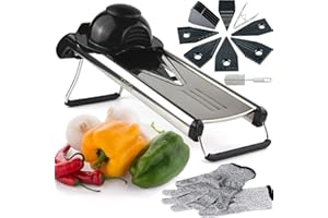 Chef's INSPIRATIONS Mandoline Gemüseschneider mit V-Klinge, Gemüsehobel, Schneider & Julienne Hobel. Inklusive 6 unterschiedlicher Einsätze, Reinigungsbürste & Exklusivem Handschutz. Edelstahl.