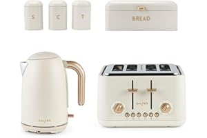 Salter Pebble Kettle, Toaster & Countertop Set – 1.7L Fast Boil Electric Kettle, 4-Slice Toaster, Tea, Coffee & Sugar Canisters and Large Bread Bin, Dry Goods, Carbon Steel, Stone, COMBO-9520