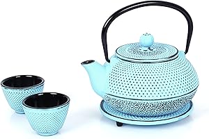 Echtwerk Juego de Té de Hierro Colado - Tetera de 0,8 L Con Filtro Extraíble, Platillo y 2 Tazas - Estilo Vintage Para Té Suelto, Azul Claro