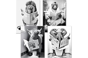 artpin® WC Deko Poster Badezimmer Bilder - A4 Kunstdruck schwarz weiß Toilette Wanddeko 4er Set Hochlandrind Affe Löwe Elefant Safari B19