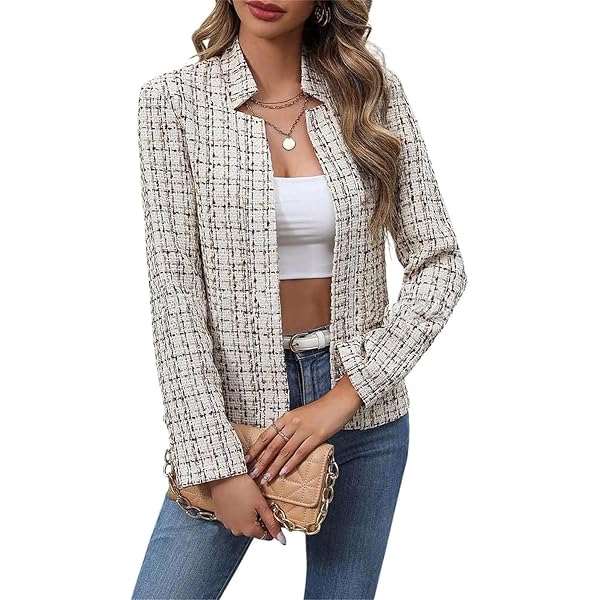 Blazer Femme En Tweed Coréen - Style Décontracté à Carreaux - Col Rond - Veste Courte Boutonnée