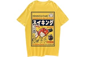 LUOGE Hip Hop Street T-Shirt Harajuku Japanese Kanji Fun Fish Harajuku T-Shirt Men Japanese Summer Short Sleeve T-Shirt-Yellow,XXXL