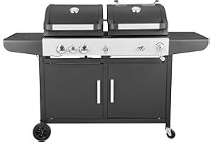 CALLOW RETAIL Large Dual Fuel Charcoal and Gas BBQ Barbecue Grill with a Battery Operated Rotisserie, Gas hose & Regulator, Durable Protective Outdoor Rain Cover Included - 2 x Gas BBQ Burners, 1 Side gas Burner