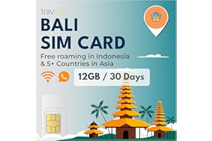 TravSIM karta SIM Bali | 12 GB danych mobilnych z prędkością 4G/5G | Bezpłatny roaming w Indonezji i ponad 5 krajach azjatyckich | Plan karty SIM Bali jest ważny przez 30 dni