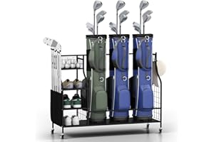 COSTWAY Golf Storage Rack, Extra Large Golf Clubs Bag Stand with Lockable Universal Wheels and Other Golfing Equipment Rack, Golf Garage Organizer