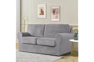 OKYUK Stretch Velvet Sofa Cover,Slipcovers for Sofas with Separate Cushions and Backrests Covers, with Elastic Adjustment Band Slipcover (Light grey, 2 Seater-5Pieces)