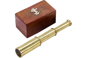 Mythrojan Brass Telescope 9" Pirate Spyglass with Wooden Box Nautical Gift Maritime Monocular Decorative Telescope with Glass Optics for Travellers, Adventure