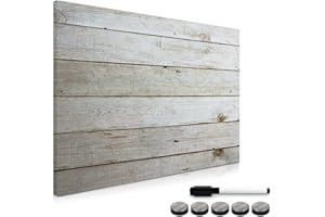 Navaris Magnetic Memo Board Whiteboard - 70 x 50 cm Dry Erase White Board with Design for Wall - Includes Marker and Magnets - Wooden Planks