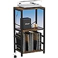 YAKANJ End Table with LED Light,Record Player Stand with Albums Storage,Vinyl Records Storage,Turntable Stand Side Table for Music Room Studio Living Room Bedroom-Retro