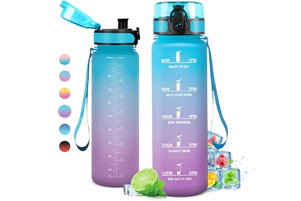 Gourde Sport 1L, Étanche et Réutilisable, Gourde, Bouteille d'eau 1 Litre avec Marqueur de Temps et Filtre, Bouteille pour Adulte, l'école, Cyclisme, Voyage, Camping, Fitness, Yoga, Bureau, Gym