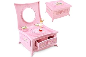 AIMMIE Carillon Classico, Boîte à Musique de Rangement pour Bijoux, Ballerine Rotative Étui à Musique avec Tiroir Miroir de Maquillage Gracieuse Fille de Ballet pour l'Anniversaire - Doré (Pink)