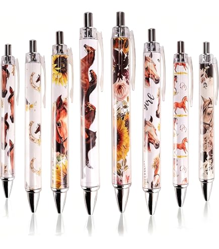 Lot De 8 Stylos à Bille Fille - Motif Cheval - Encre Noire 1mm - Cadeau Anniversaire, Rentrée Scolaire - Décoration Équestre