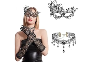 ASSUGO halloween steampunk damen zubehör 3 PCS, halloween kostüm damen armstulpen gothic netzhandschuhe, gothic schmuck Halskette, venezianische maske damen für Maskenball Karneval Maskerade