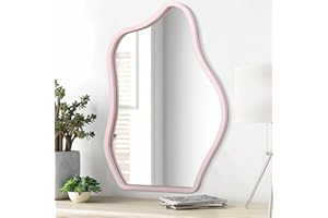 LZUSO Asymmetrical Mirror for Wall Decor Cute and Stylish Unique Wooden Framed Wall Mirrors Vanity Artistic Cloud Decorative for Living Room Bedroom Bathroom Entryway Pink