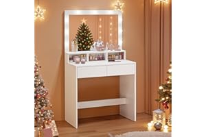 VASAGLE KAILYN Collezione - Tavolo da Trucco, Toeletta con Luce LED, Regolabile a 3 Colori, con Specchio, Tavolo Cosmetico con 2 Cassetti e 3 Scomparti Aperti, Bianco Nuvola RDT120T10