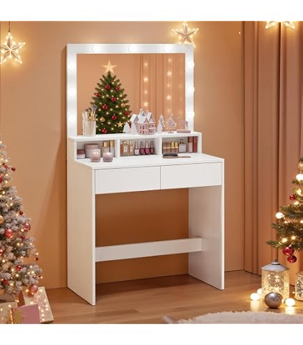 Set Trucco GIANTEX - Tavolo Toeletta In Legno Con Sgabello Imbottito, Specchio Rimovibile, 3 Cassetti, Bianco