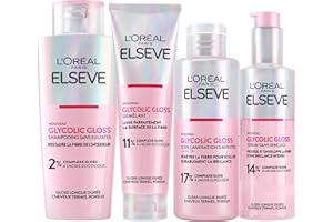 L'OREAL PARIS L'Oréal Paris Elvive Glycolic Gloss Après-Shampooing 150ml + Shampoing 200ml + Sérum Sans Rinçage 150ml + Traitement de Laminage 5 Minutes 200ml pour Cheveux Ternes et Poreux - 4 Flacons