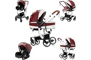Nine point nine PU Leather Pushchair 3-in-1, Pram Set with Reversible Double Slide Mode, Combination Pushchair 3-in-1 Large Comfortable Baby Carrycot Frame Aluminium Alloy (518 Red)