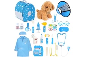 Sanlebi Doctors Set for Kids - Children Pet Vet Care Play Set with Doctor Costume, Plush Dog, Pretend Role Play Medical Kit Toys Gifts for 3 4 5 6 Year Old Girls (Blue)
