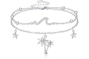 CUPENDA Wellen Fußkettchen für Frauen Sterling Silber Palmen Seestern Layered Ocean Strand Fußkettchen Schmuck Geschenke für Frauen Mädchen