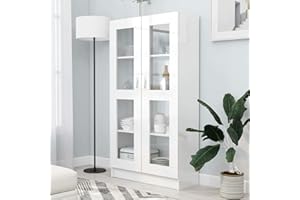 ‎GECHEER Gecheer Vitrinenschrank Vitrinen & Vitrinenschränke Bücherregale Bücherschrank Aktenschrank Büroschrank Vitrine Schrank Bücherregal Standvitrine Sideboard Hochglanz-Weiß 82,5x30,5x150 cm Spanplatte