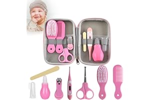 MKNZOME Baby Grooming Kit, 8PCS Newborn Baby Care Accessories Set, Portable Nursery Infants Care Kit with Scissors Comb Manicure Finger Puppet Nose Cleaner, Ideal for Travelling & Home Use - Pink#2