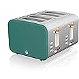 Swan ST14620GREN Nordic 4-Slice Toaster with Defrost/Reheat/Cancel Functions, Cord Storage, 1500W, Green