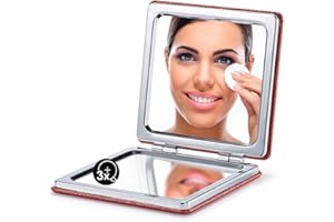 OMIRO Compact Mirror, Glitter PU 1X/3X Magnification, Ultra Portable for Purses (Red)