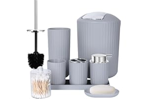 FEILANDUO Bathroom Accessories Sets Complete, 8 Pcs Bathroom Accessory Set with Trash Can, Soap Dispenser, Soap Dish, Toothbrush Holder, Toothbrush Cup, Toilet Brush and Qtip Holders,Vanity Tray,Gray
