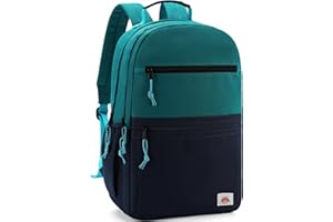 VASCHY Sac à Dos College, Léger Grand Cartable Fille Garçon Adolescent 8 à 12 Ans pour 15,6 Pouces PC Multi-poches Résistant à l'Eau Bloc de Couleurs Sac d'École pour Voyage Randonnée Vert Marine