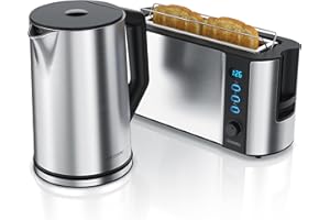 Arendo Ensembles Bouilloire et grille-pain en SET, Bouilloire en inox 1,5L 40°-100°C, Grille-pain 2 Tranches Ecran LED 6 niveaux de brunissage support viennoiserie, Gris