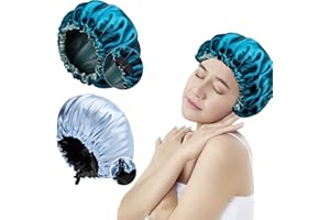 MUFEKUM 2 Stück Satin Haube, Verstellbare Doppelseitige Seiden Schlafmütze für Lockiges Haar, Große Weiche Satin Haarhaube Mütze für Frauen Mädchen Männer Schlaf und Haarpflege (Blau+Grün)