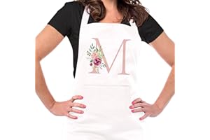 Ysound Initialen Schürze Damen Kochschürze Baumwolle Schürze Verstellbare Backschürze Weiß Küchenschürze mit Taschen für Küche, Kochen, Backen, Geschenk für Frauen Mama zum Geburtstag, Einzug
