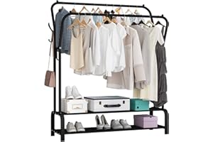 UDEAR Perchero Burro Independiente Perchero Varillas Dobles Estante de Ropa de Dormitorio Multifuncional, Doble Capa, 4 Ganchos,Negro